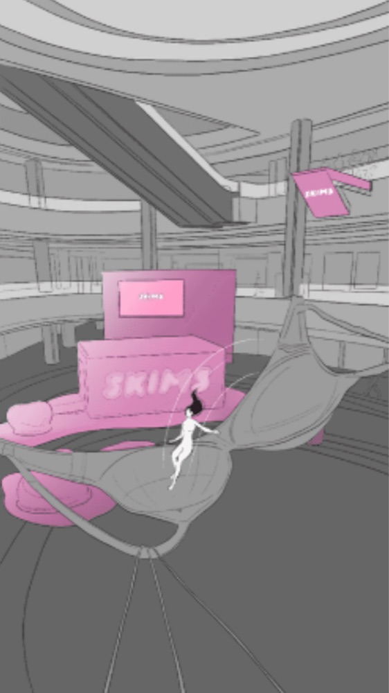 A final storyboard frame shows the person safely landing and settling into the soft, pink structure