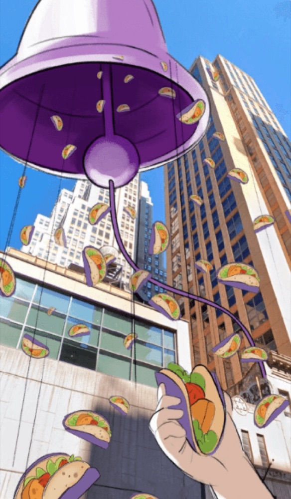 A low-angle storyboard view shows a hand catching a taco falling from the giant purple bell