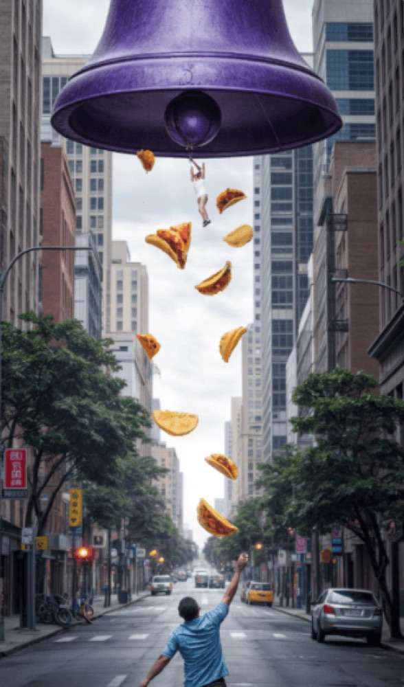 A realistic render of a man standing in the middle of a street as tacos rain down from above