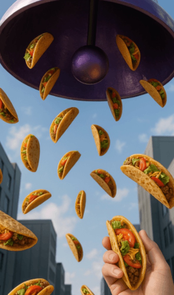 A close-up shot of the bell's interior with tacos falling toward a hand in the foreground