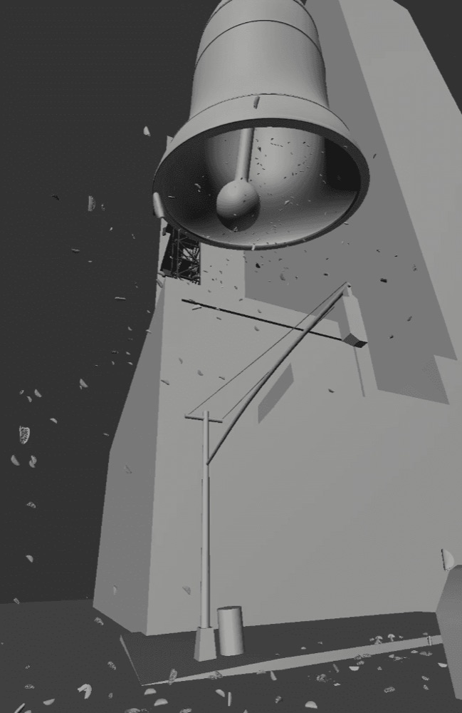 A grayscale 3D blocking render shows the giant bell positioned above the building's rooftop