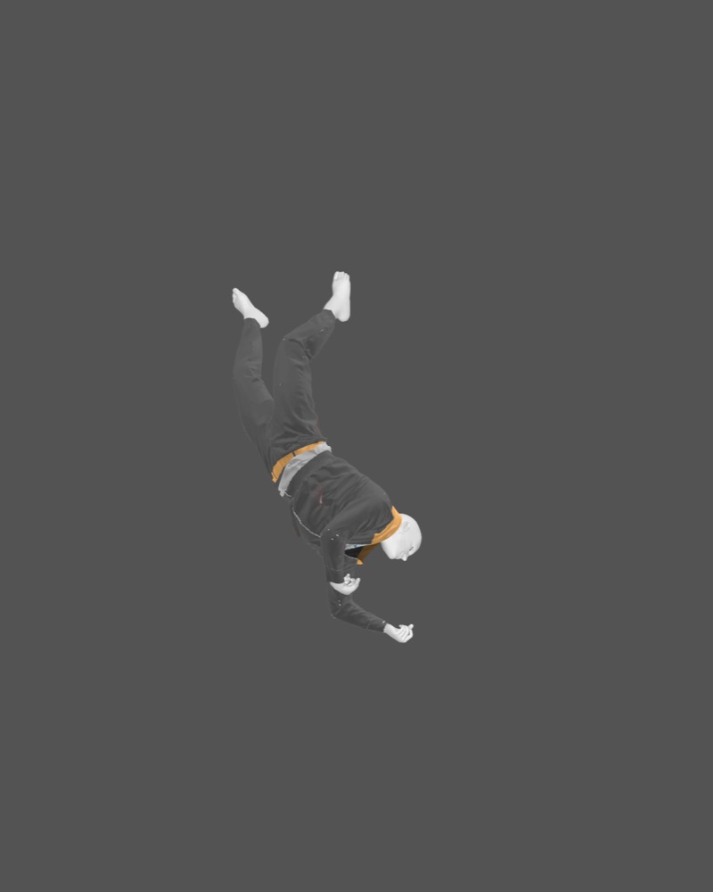 A 3D character model of a person is shown in a falling pose, designed to be suspended from the bell