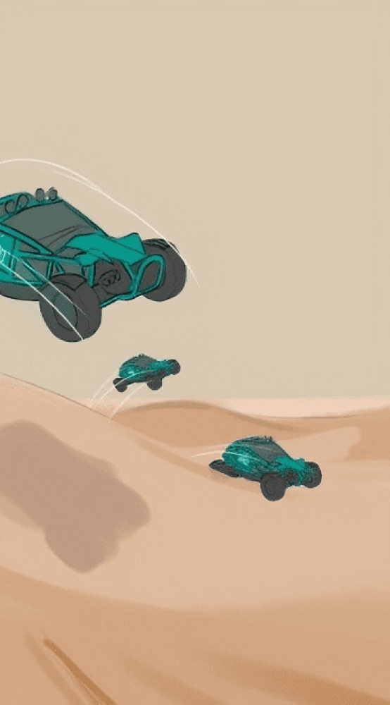 Sketches showing buggies racing in the desert
