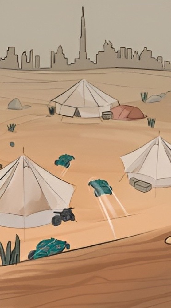 Sketches showing buggies racing in the desert