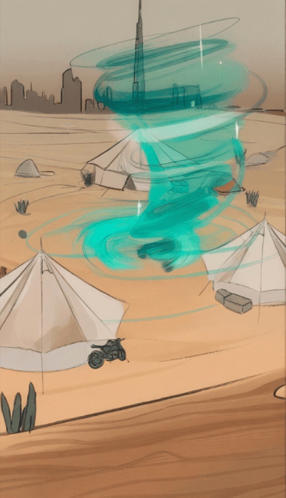 Sketches showing a teal tornado forming