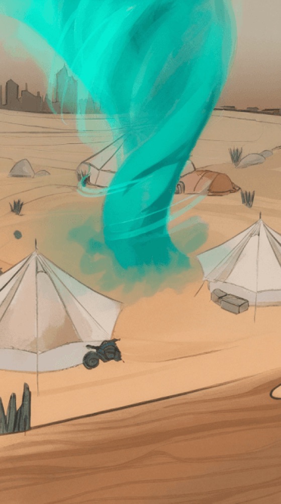 Sketches showing a teal tornado forming