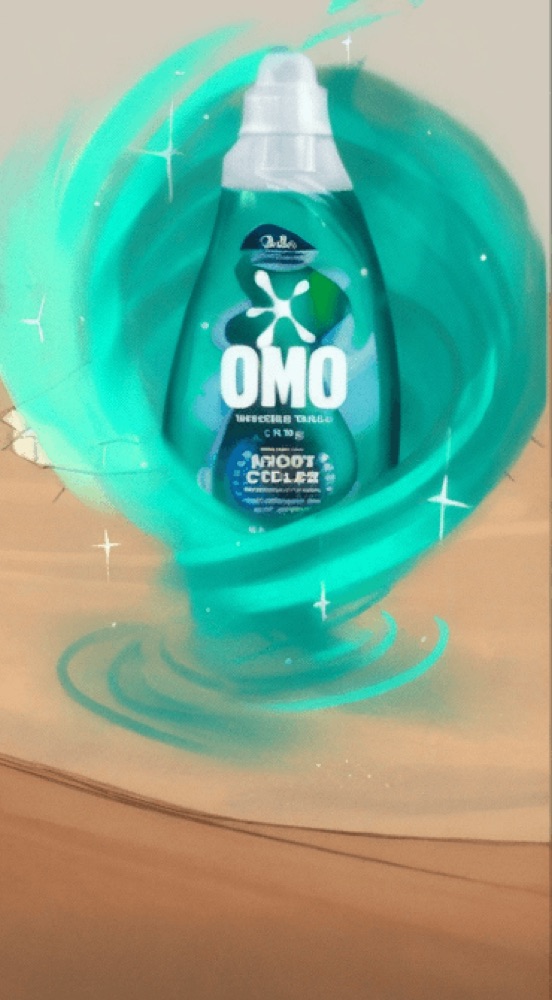 A high-quality render of a glowing teal sandstorm swirling around the Omo detergent over a desert camp