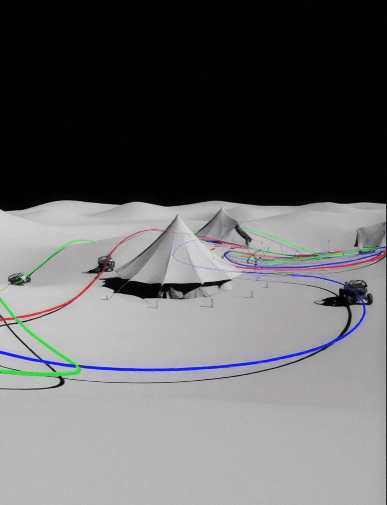 Gray-scale 3D models of a desert camp