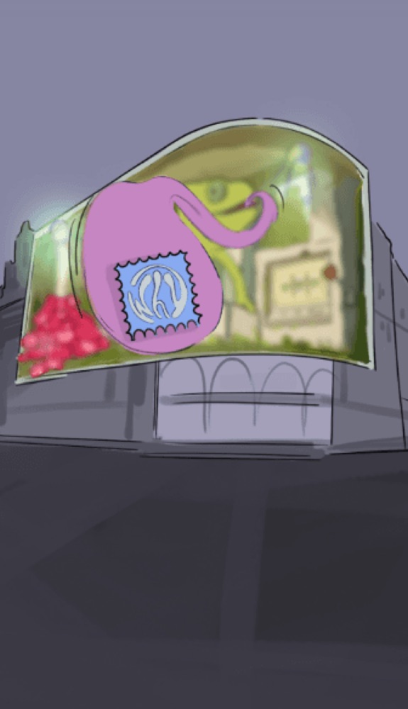 A close-up shows the chameleon's pink tongue holding a "WHY" branded stamp