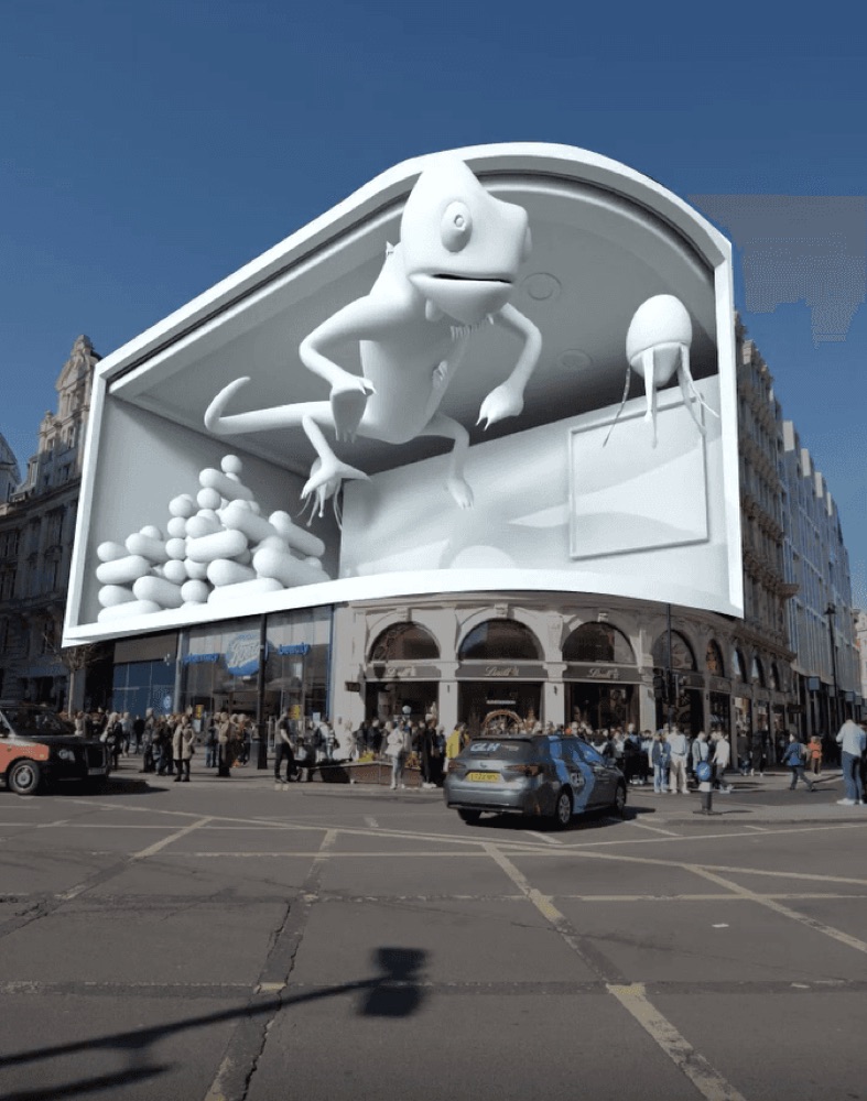 A secondary 3D layout shows the chameleon lunging forward to create a depth-defying effect