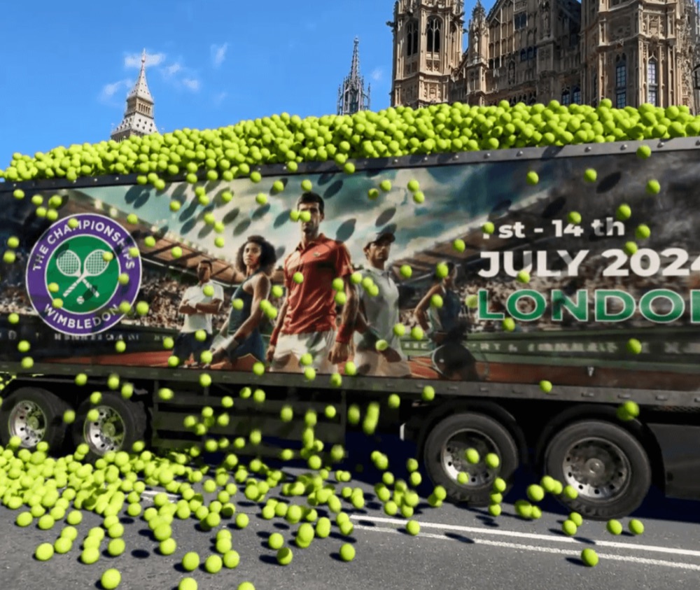 A high-detail render of a branded Wimbledon trailer overflowing with thousands of bright yellow tennis balls